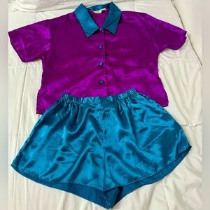 VTG Victoria Secrets Gold Label Vibrant Satin Pajama Sleep Set Shirt & Shorts